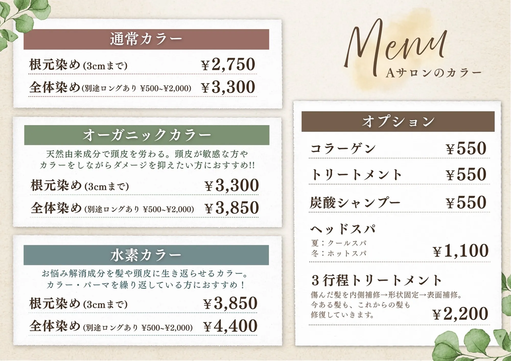 Aサロンのカラー　通常カラー、オーガニックカラー、水素カラー、オプション